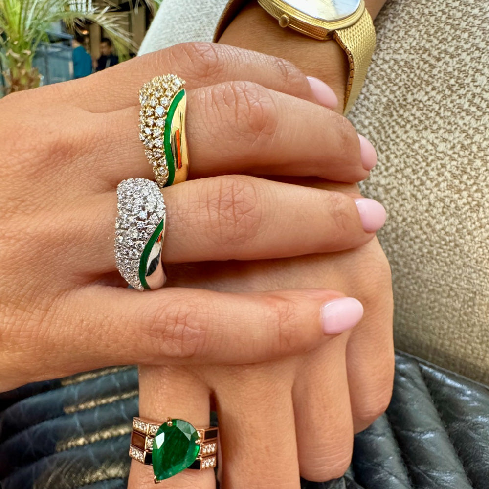 Waves Diamond & Green Enamel Ring