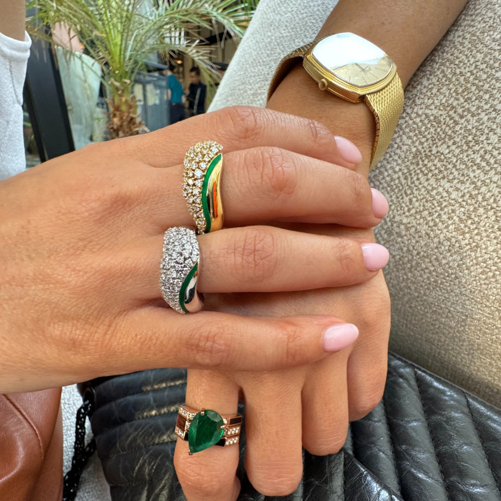 Waves Diamond & Green Enamel Ring